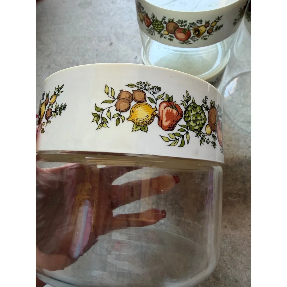 Vintage Pyrex Spice of Life Glass Canister Set 4 Piece White Lids Vegetable Herb